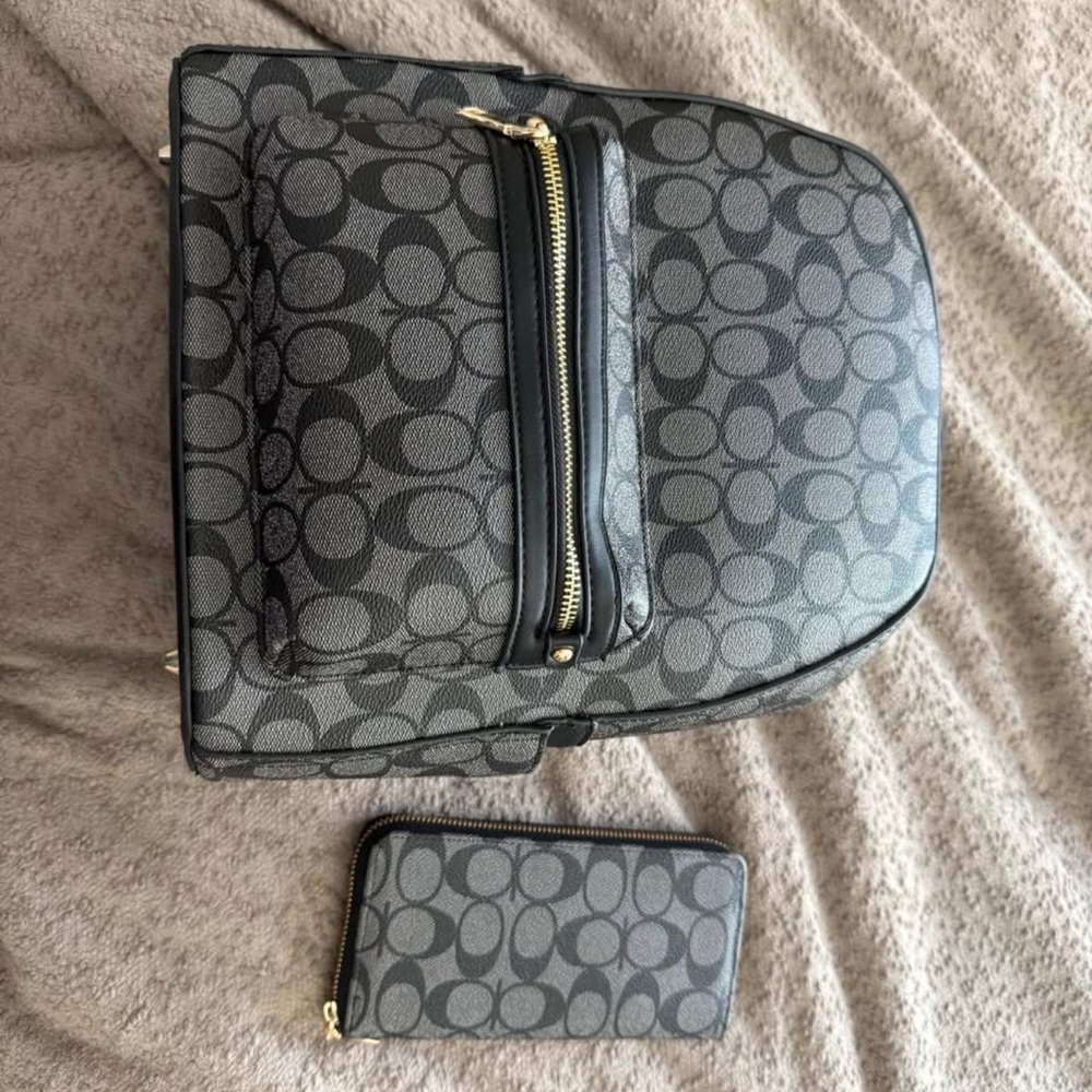 FAUX Gray & Black Backpack and Wallet Set